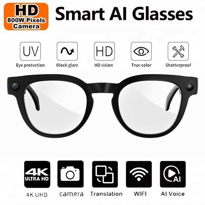 4K HD Smart AI Glasses 1080P 800W pixel AI Shooting Camera HD Photo Video Voice Call Translation Waterproof Bluetooth AI Glasses