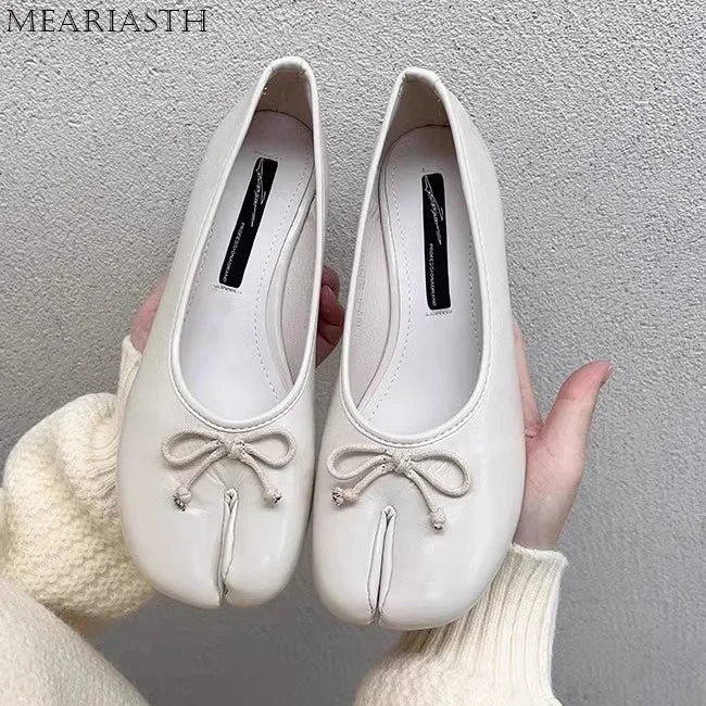 Tabi Shoes Ballet Falts Leather Ballerina Shoes For Women Split Toe Flats Tabi Shoes Slip On Soft Bottom Moccasins with Bowress