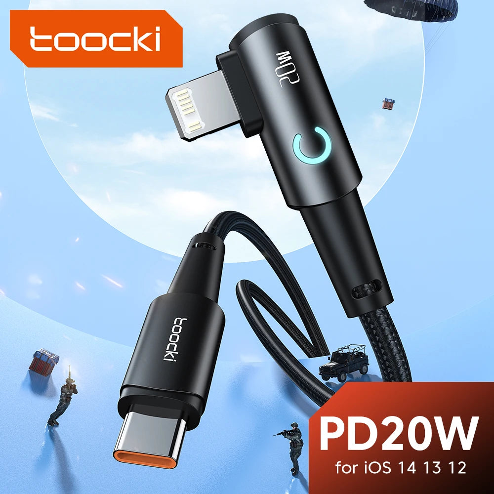 Toocki PD 20W USB Cable 90 Degree Elbow Data Cable Fast Charging For iPhone 14 13 12 11 Pro Max LED Indicator Phone Charge Cord