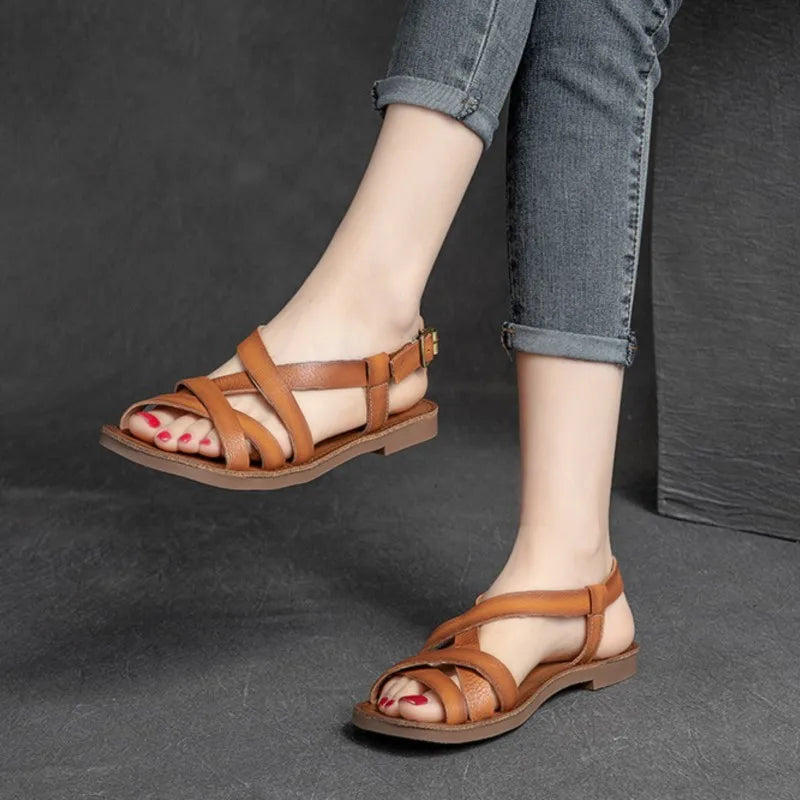 Johnature Simple Genuine Leather Flat Sandals 2026 Summer New Casual Solid Color Soft Sole Comfortable Versatile Women Shoes