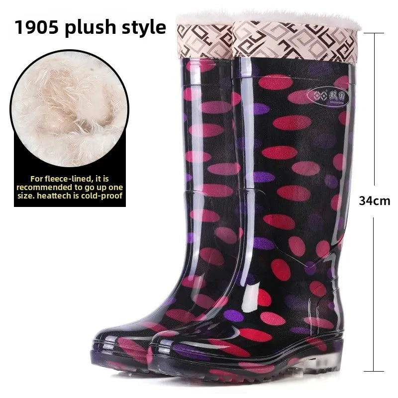 Anti-Slip High-Tube Crystal Flower Ladies Rain Boots PVC Material Kitchen Dining Hall Cleaning Fashionable Water Shoes
