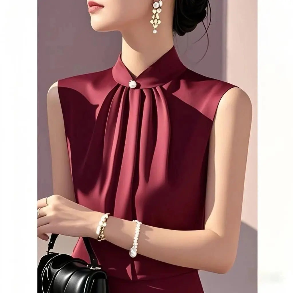 Summer French Satin Unique Light Luxury Chic High-end Sleeveless Shirt