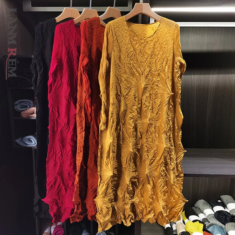 LANMREM Niche Design Pleated Women's Indian Pakistani Dress Spring 2026 New Elegant Loose High-End Round Collar Long Sleeve Clothing Chic 2DB6599 - 50% off.