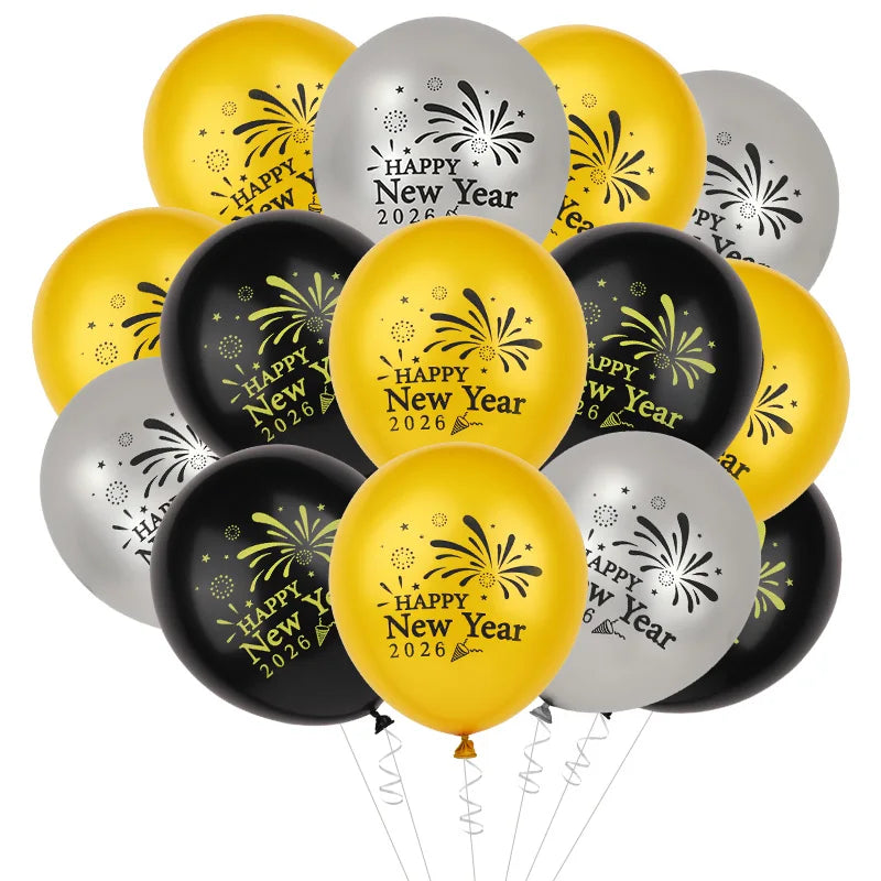 15Pcs Gold Black Happy New Year 2026 Latex Balloons For New Year Eve Party Decoration Favors 12Inch Christmas Balloon Supplies