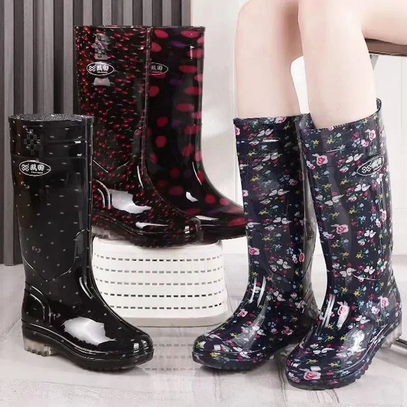 Anti-Slip High-Tube Crystal Flower Ladies Rain Boots PVC Material Kitchen Dining Hall Cleaning Fashionable Water Shoes