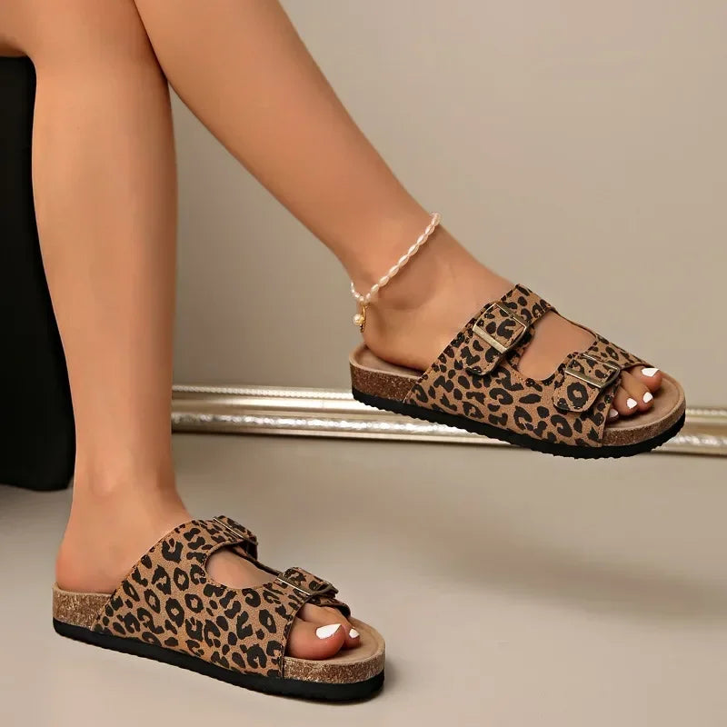 Ladies Shoes 2025 Brand Open Toe Women's Slippers Fashion Leopard Print Casual Sandals Summer Belt Buckle Plus Size Flat Slipper