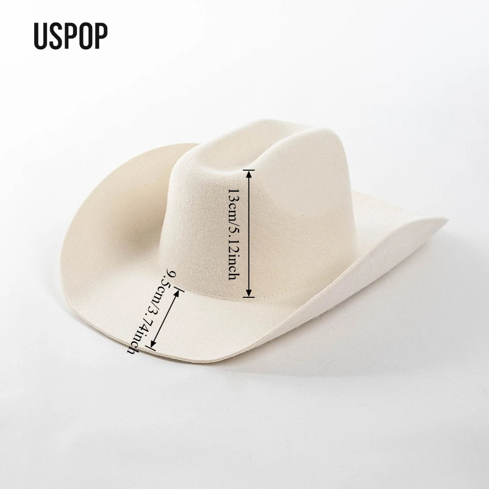 USPOP 100% Wool Cowboy Hat Unisex Wide Brim Felt Hat Solid Color Classic Fedora Style Multiple Sizes S–XL Autumn Winter