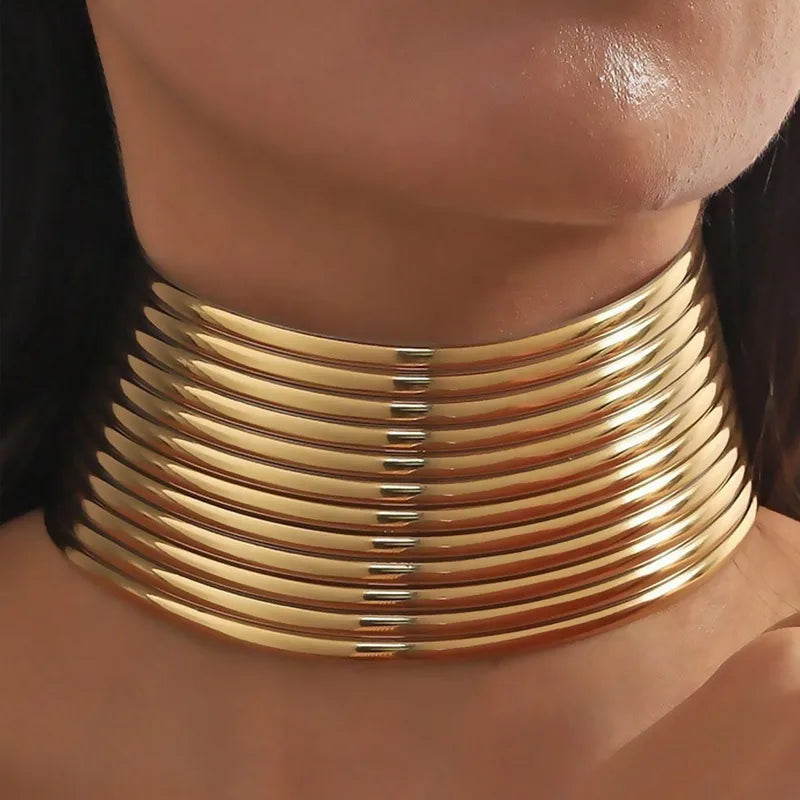 Fashion Punk Style Golden Wide Choker Necklace Bracelet Sets Jewelry For Women Party Accessories Punk Chunky Necklaces Sets