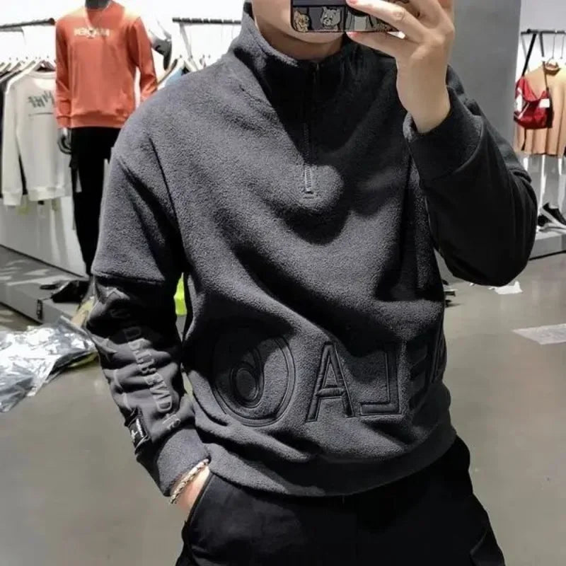 Half Zip Pullover Male Clothes Sweatshirt for Men Hoodieless Slim Fit Top Y2k Vintage 90s No Brand Emo Autumn S Winter Cotton