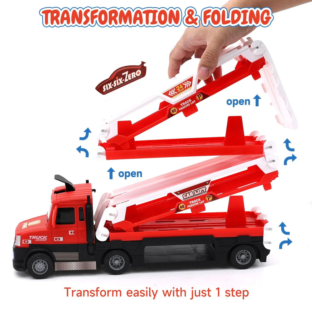 TALGIC Car Transporter Toy Truck for Toddlers 3-5 with 55-Inch Ejection Race Track with 6 Race Cars Gift for Kids Ages 3-5, 4-8