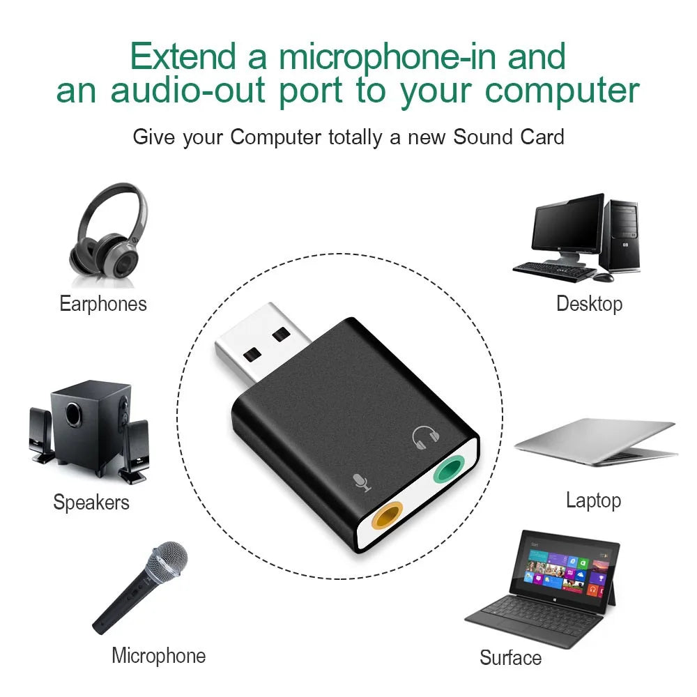 USB Sound Card 7.1 External USB to Jack 3.5mm Headphone Adapter Stereo Audio Mic Sound Card for PC Computer Laptop