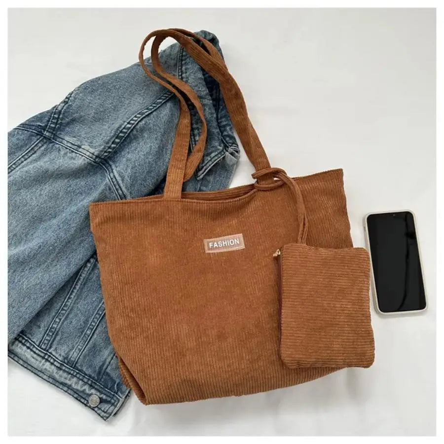 Ladies' handbag, corduroy ladies' shoulder bag, daily commuting tote bag, shoulder bag with small bag
