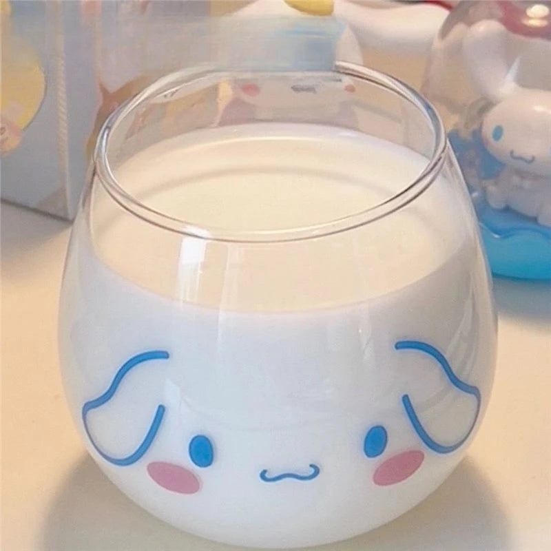 Kawaii Hello Kitty Cinnamoroll Glass Cup Cute Cartoon Girlish Heart Milk Fruit Juice High-capacity Big Bellied Cup Gifts 500ML