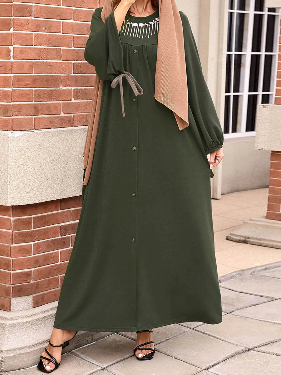 Middle Eastern Style Floral Embroidered Maxi Dress with Tassel Detail and Loose Fit Crew Neck - Long Sleeve Abaya Gown
