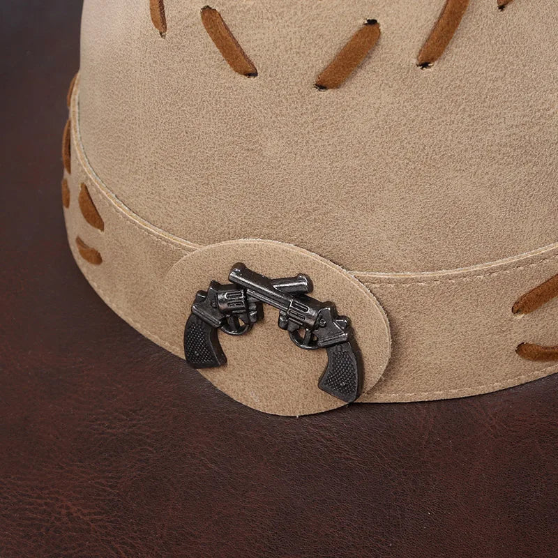 Classic Western Men's Cowboy Hat Women Cowgirl Cap Faux Leather Black Outdoor Casual Sombrero Hombre With Windproof Rope