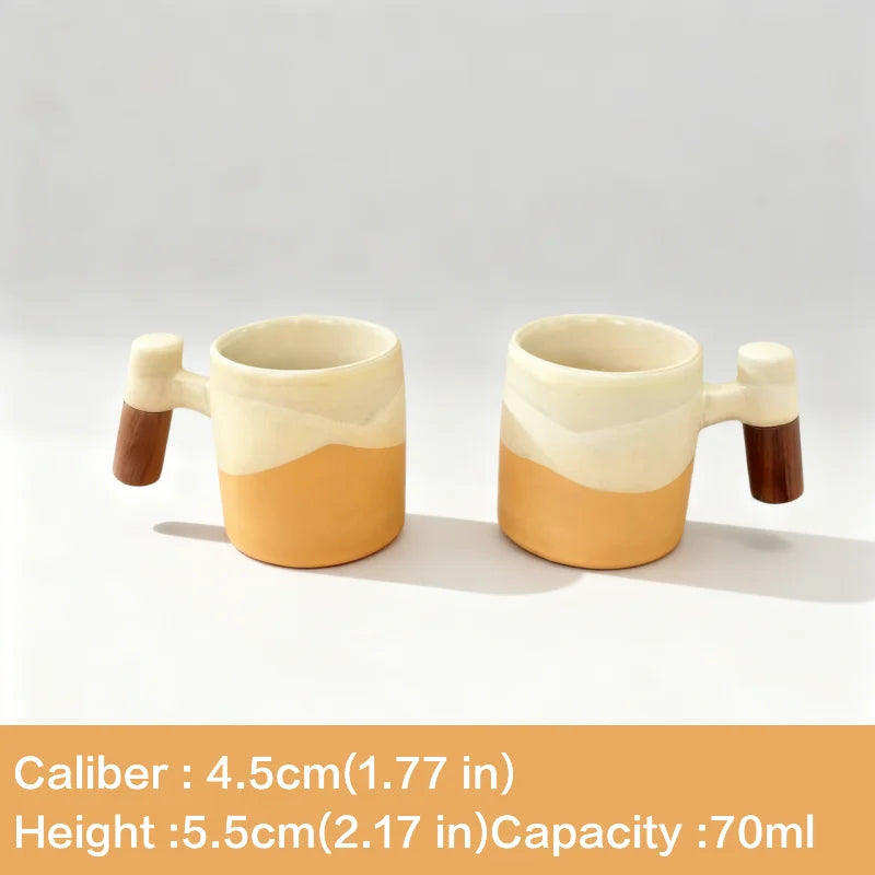 70ml Ceramic Coffee Cup with Wooden Handle - Vintage Kiln-Fired Style, Reusable, Hand Wash Only, Suitable for Office and Home Use, Perfect Birthday Gift, Coffee Bar Accessory, Espresso Cup, Coffee Mug