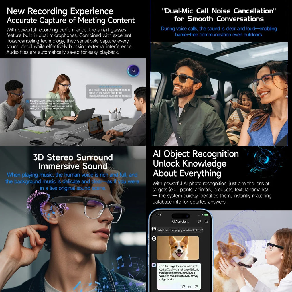 AI Smart Glasses 8 Million Pixels Recording Videos Photo Recognition Answer Translation 290mAh IP66 Waterproof Bluetooth Glasses