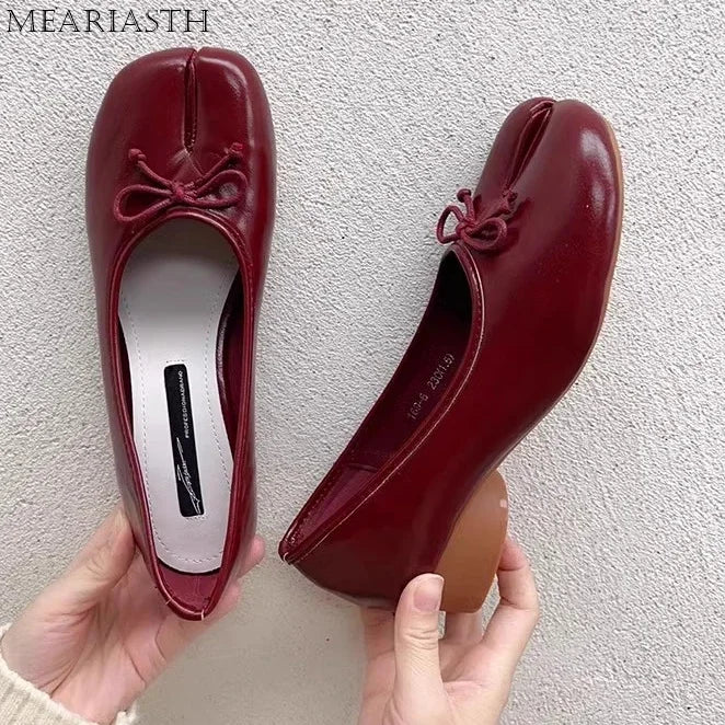 Tabi Shoes Ballet Falts Leather Ballerina Shoes For Women Split Toe Flats Tabi Shoes Slip On Soft Bottom Moccasins with Bowress