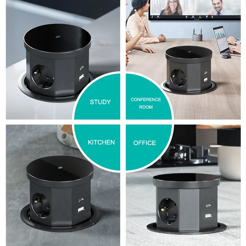 YINKA  Pop Up Table Socket Lifting Socket, USB Type-C Outlet, EU Socket, 15W Wireless Charge, Desktop Hidden Lifting Socket