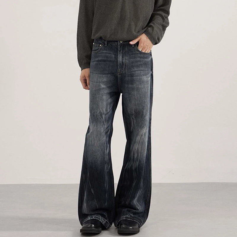 IEFB Men's American Style Denim Pants Washing Tie Dying Contrast Color Casual Wide Leg Flared Trousers Autumn Male Jeans 9W4182