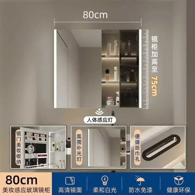 Smart Bathroom Cabinets Makeup Mirror Storage Cabinet LED Light Wall Mirror Cabinet with Time Digital Display Bathroom Furniture