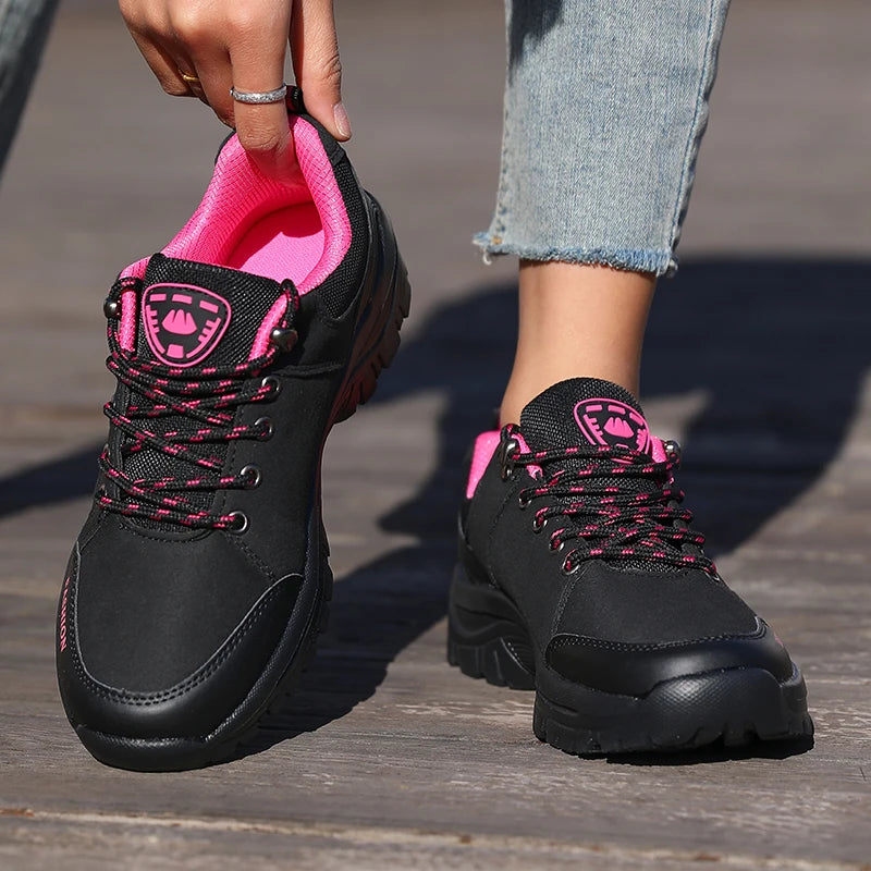 Ladies' Outdoor Hiking Shoes with Black and Pink Non Slip Soles Fashionable Sports Shoes Breathable Mesh Running Hiking Boots - Free Item Weekend (50% off).