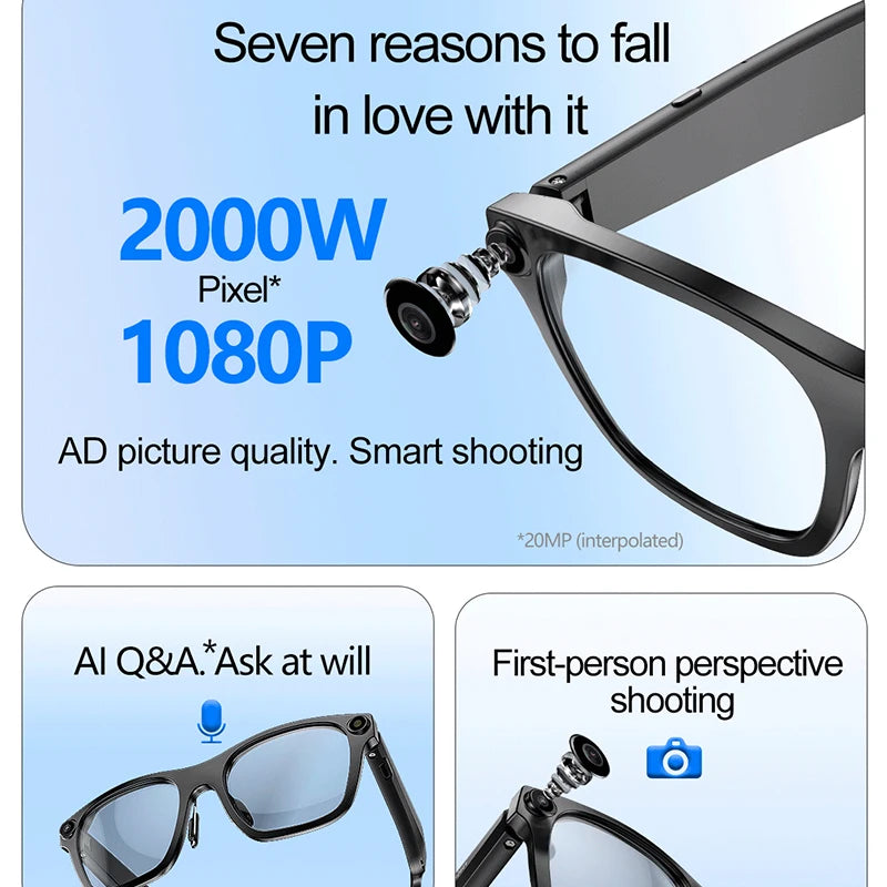 LIGE AI Smart Camera Glasses 500W 1080P HD Mini Camera Video Recording Voice Assistant Calls Music Outdoor Bluetooth Eyeglasses