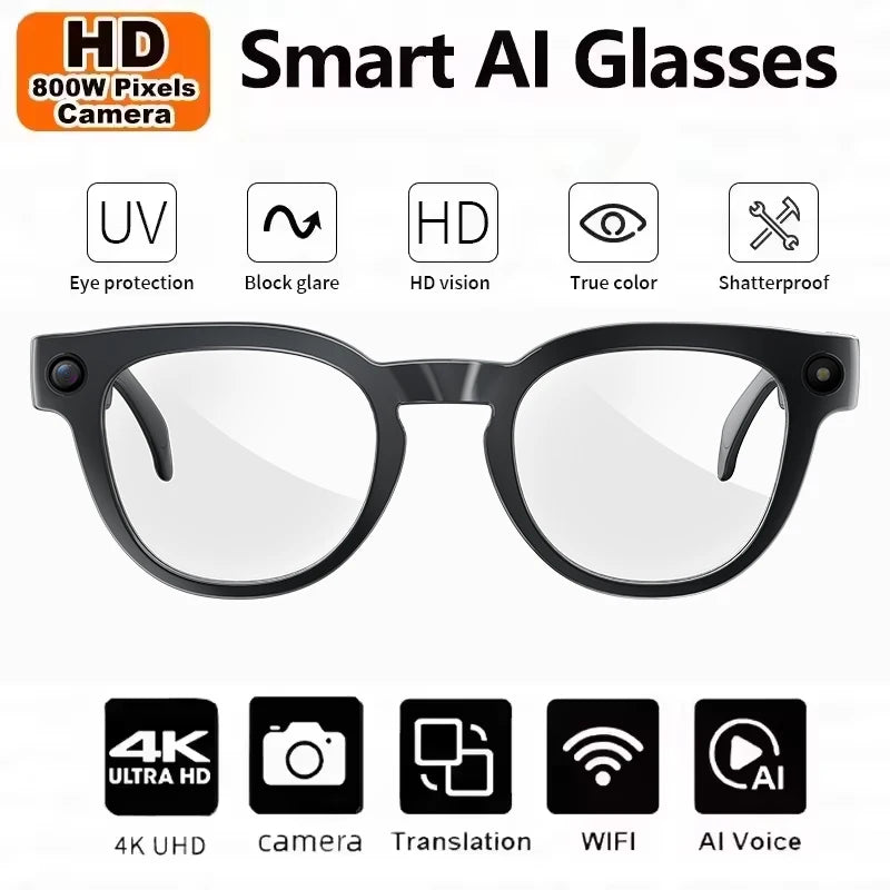 4K HD Smart AI Glasses 1080P 800W pixel AI Shooting Camera HD Photo Video Voice Call Translation Waterproof Bluetooth AI Glasses