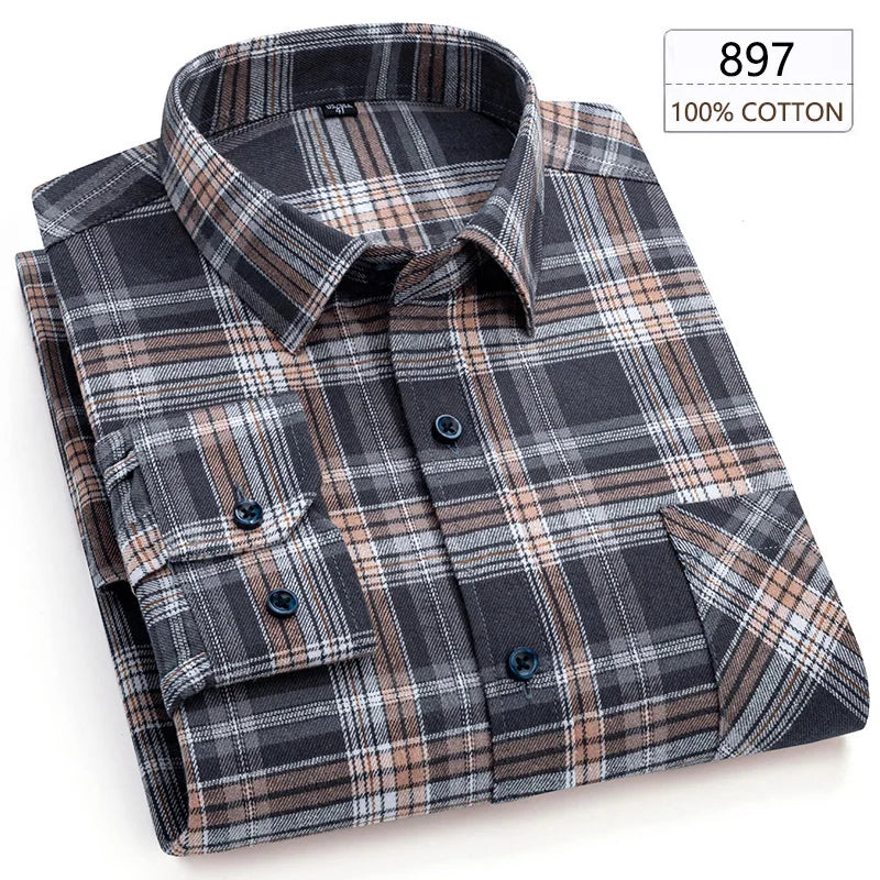 New Spring Long Sleeve Plaid Shirts For Men 100% Cotton Flannel Plus Size Easy care Confortable Top Casual Smart Dress Shirts