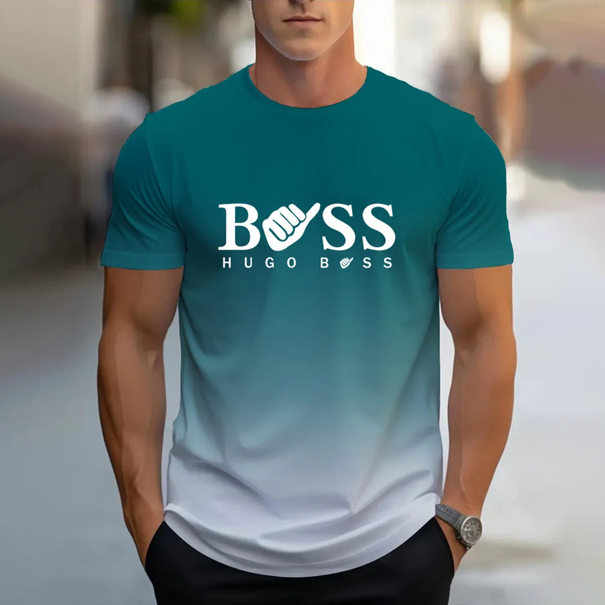 men's summer clothing casual gradient color short sleeved digital letter printed casual versatile round neck T-shirt top for men