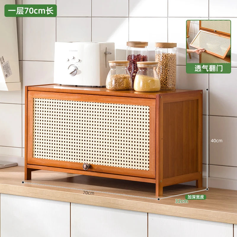 Kitchen Storage Cabinet with Handle, Mesh Door Microwave Oven Rack, Floor Standing Spice Organizer, Multi-Layer Tableware Shelf