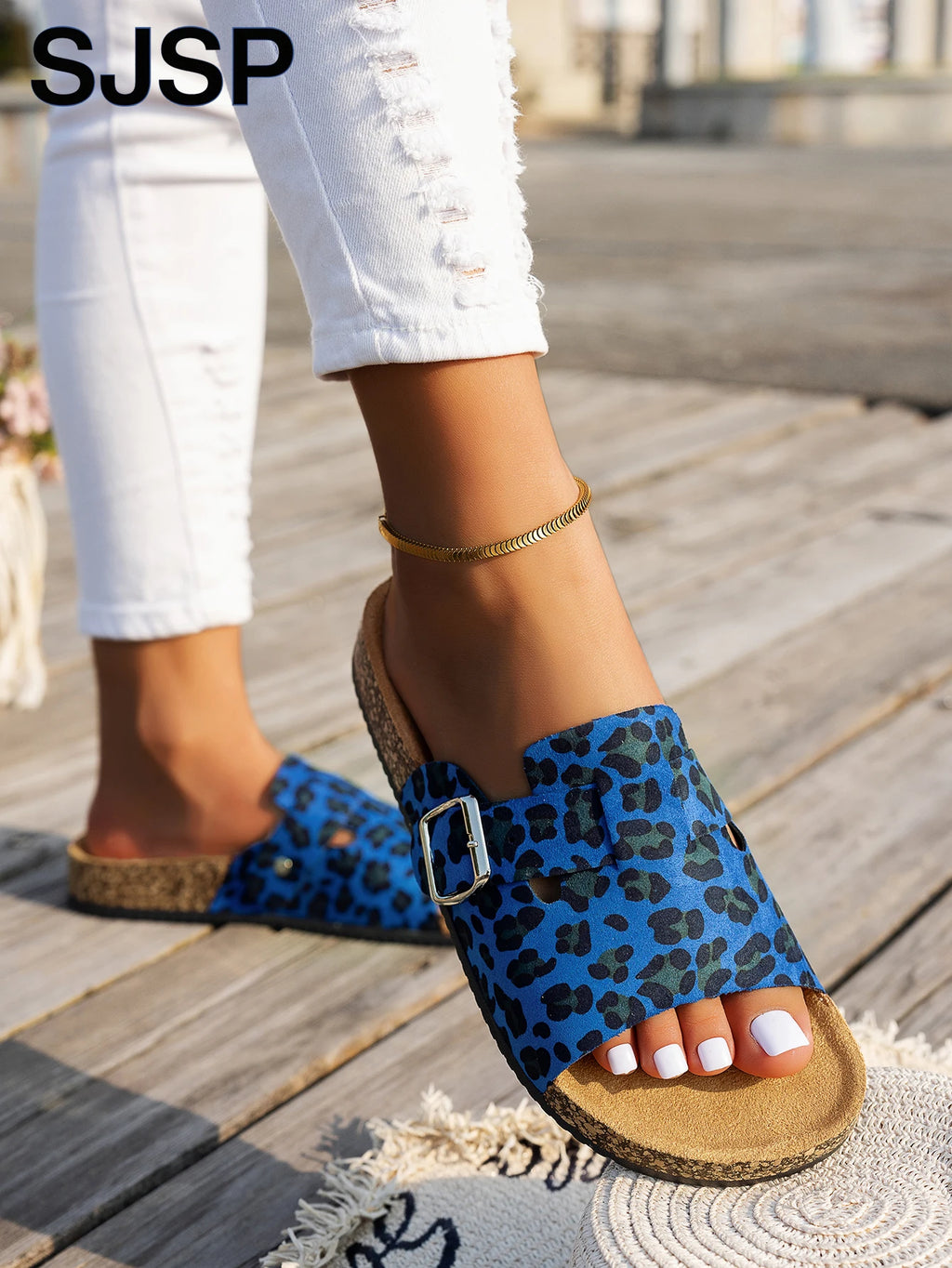Four-Season Open-Toe Sandals for Outdoor Wear, New Spring and Autumn Women's Sandals, Simple, Casual, Fashionable, Versatile, Blue and Brown Cork Sole Sandals, Animal Print Leopard Print Slide Sandals with Adjustable Buckle S