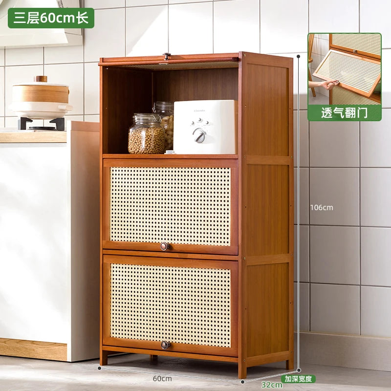 Kitchen Storage Cabinet with Handle, Mesh Door Microwave Oven Rack, Floor Standing Spice Organizer, Multi-Layer Tableware Shelf