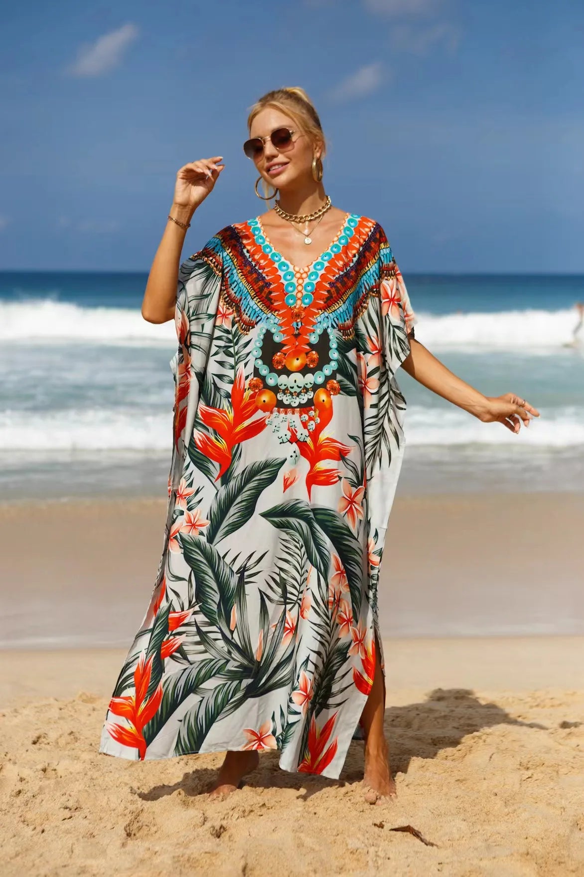 Kaftan Dresses Tropical Printed Cover Ups for Swimwear Women Elegant Maxi Robe Holiday Bathing Suits Dropshipping Hot Sales
