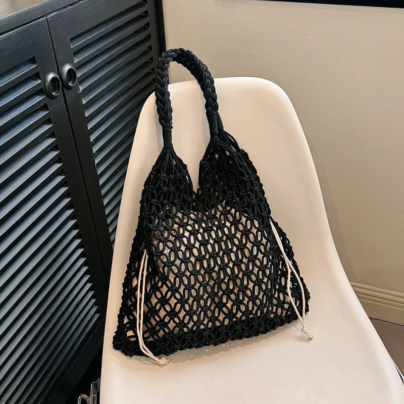Hand-Woven Bag Women Handmade Hollow Handbag Female Shoulder Bag Big Capacity Summer Casual Travel Beach Tote Purse
