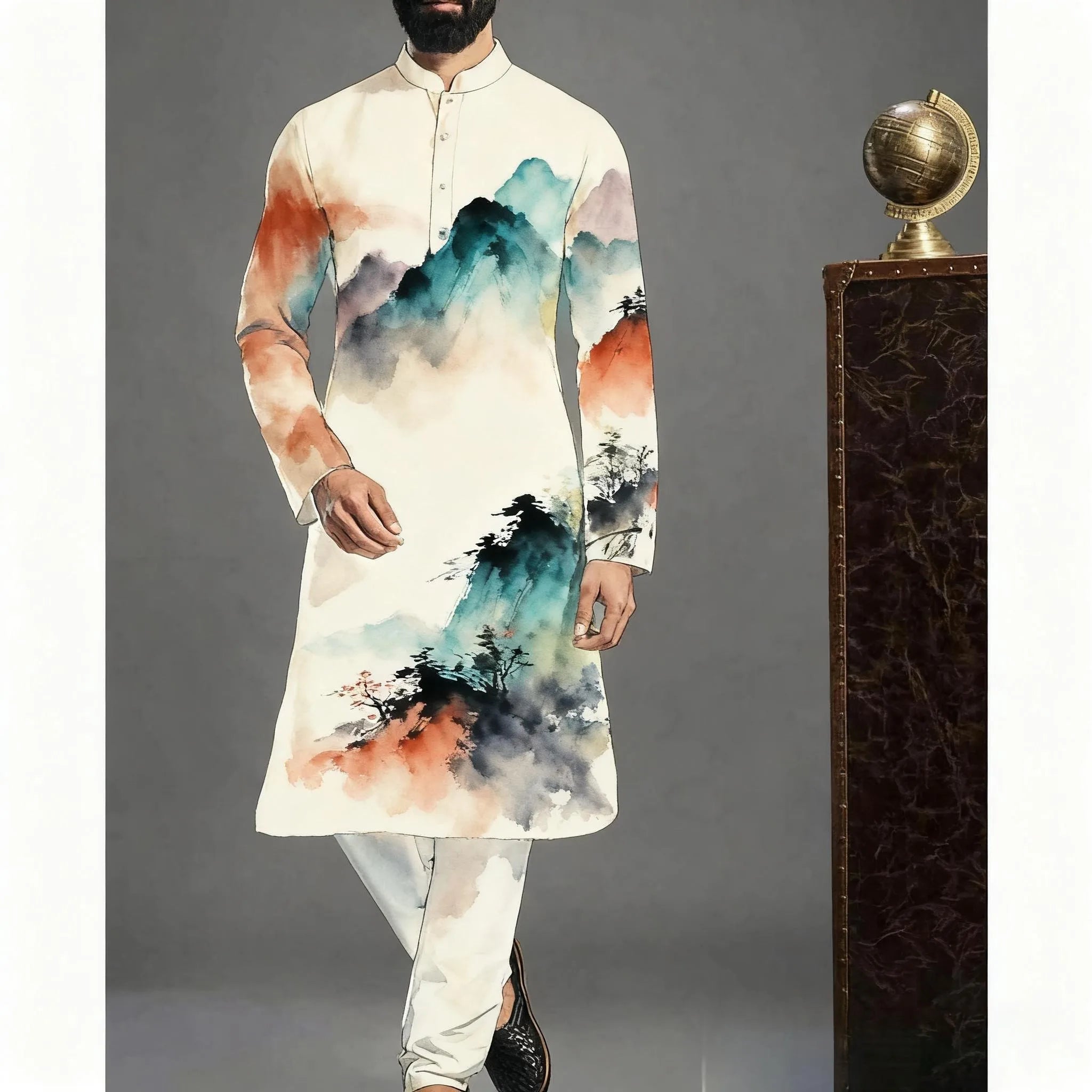 Muslim Kurtta Shirt Men Clothes Folk Kaftan Musulman Kurta Indian Islamic Clothing National Printed Long Sleeve Shirts