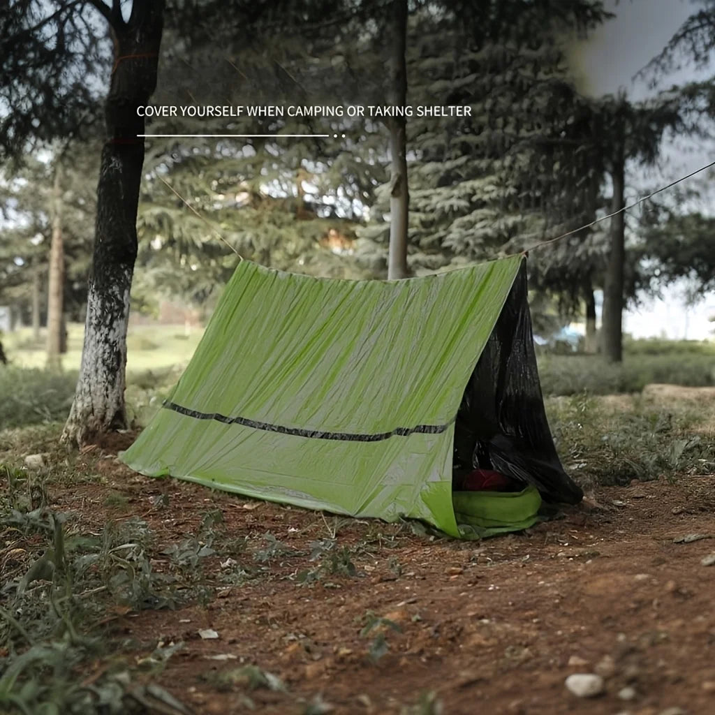 Emergency survival shelter tent - lightweight, compact and portable, equipped with safety posts, high visibility, instant constr