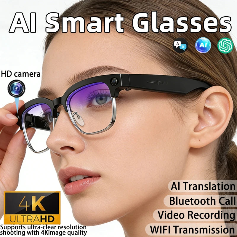 AI smart camera glasses 800W HD camera recording WIFI transmission AI voice assistant Bluetooth call IP66waterproof smartglasses