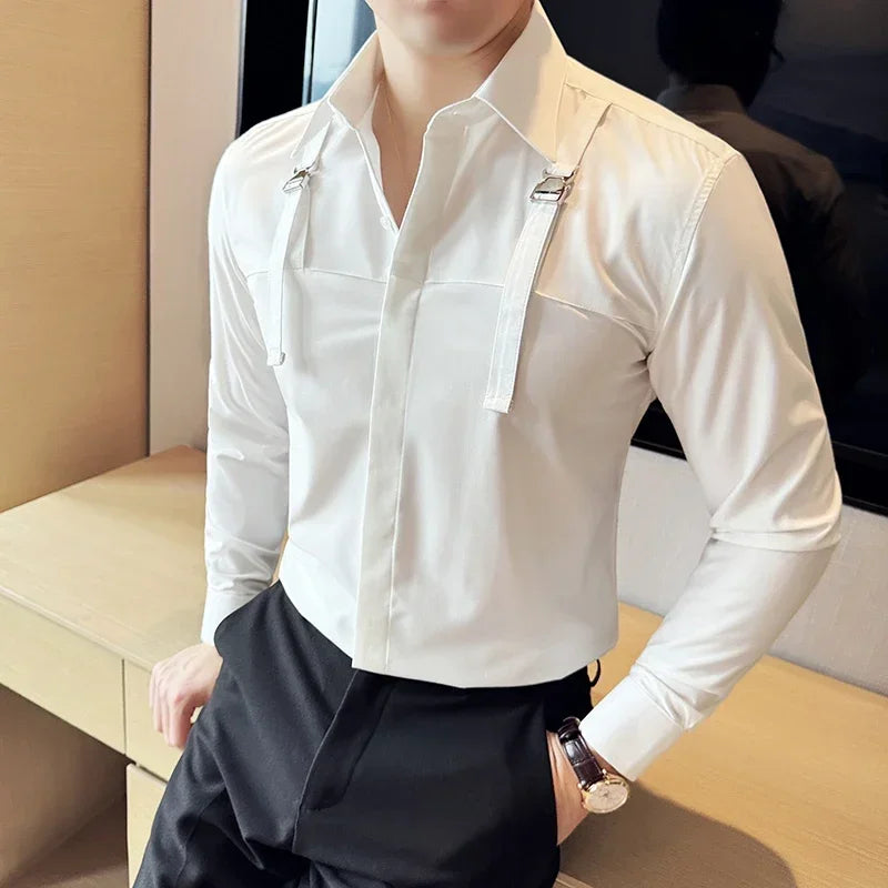 Gentleman Strap Decoration Shirt Men Long Sleeved Casual Business Dress Shirts Social Party Tuxedo Blouse Men Clothing