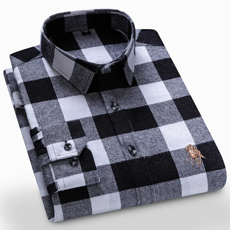 New Spring Fashion Flannel Long Sleeve Shirts For Men Plaid Plus Size Cotton Warm Soft Clothing Business Chic Smart Dress Shirts