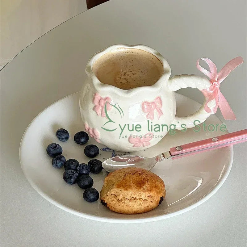 Handmade Irregular Mug, Pink Three-dimensional Bow Coffee Cup, Artistic Niche Mug Gift Ceramic Water Cup