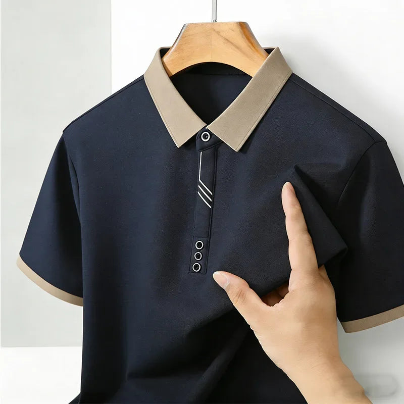 Men's Casual Polo Shirt Short Sleeve Contrast Trim Slim Fit Breathable Office Top 2026