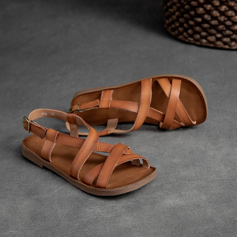 Johnature Simple Genuine Leather Flat Sandals 2026 Summer New Casual Solid Color Soft Sole Comfortable Versatile Women Shoes