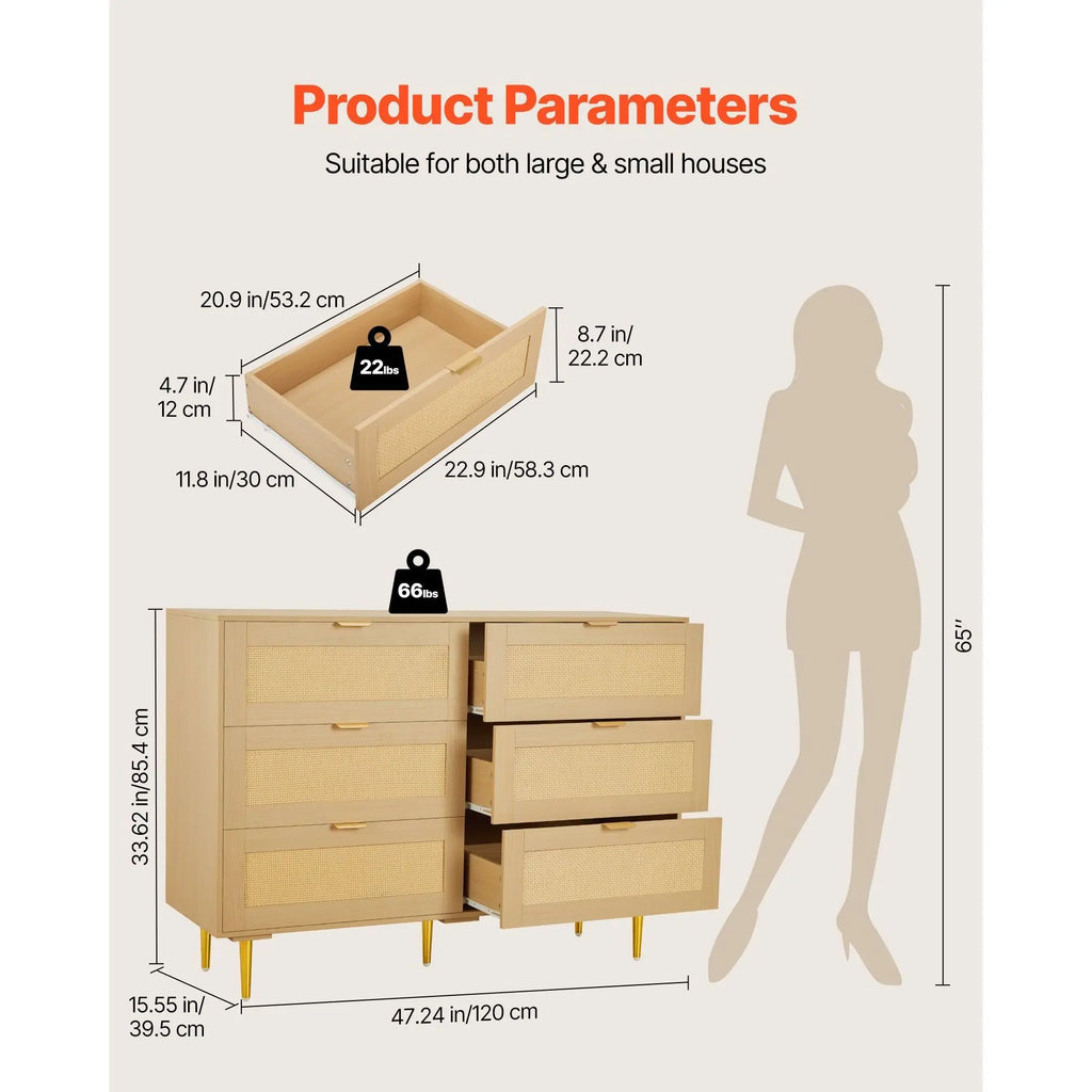 Modern 6-Drawer Rattan Dresser Metal Handles Legs Natural Wood Chest Clothing Organizer for Bedroom Living Room Hallway Model