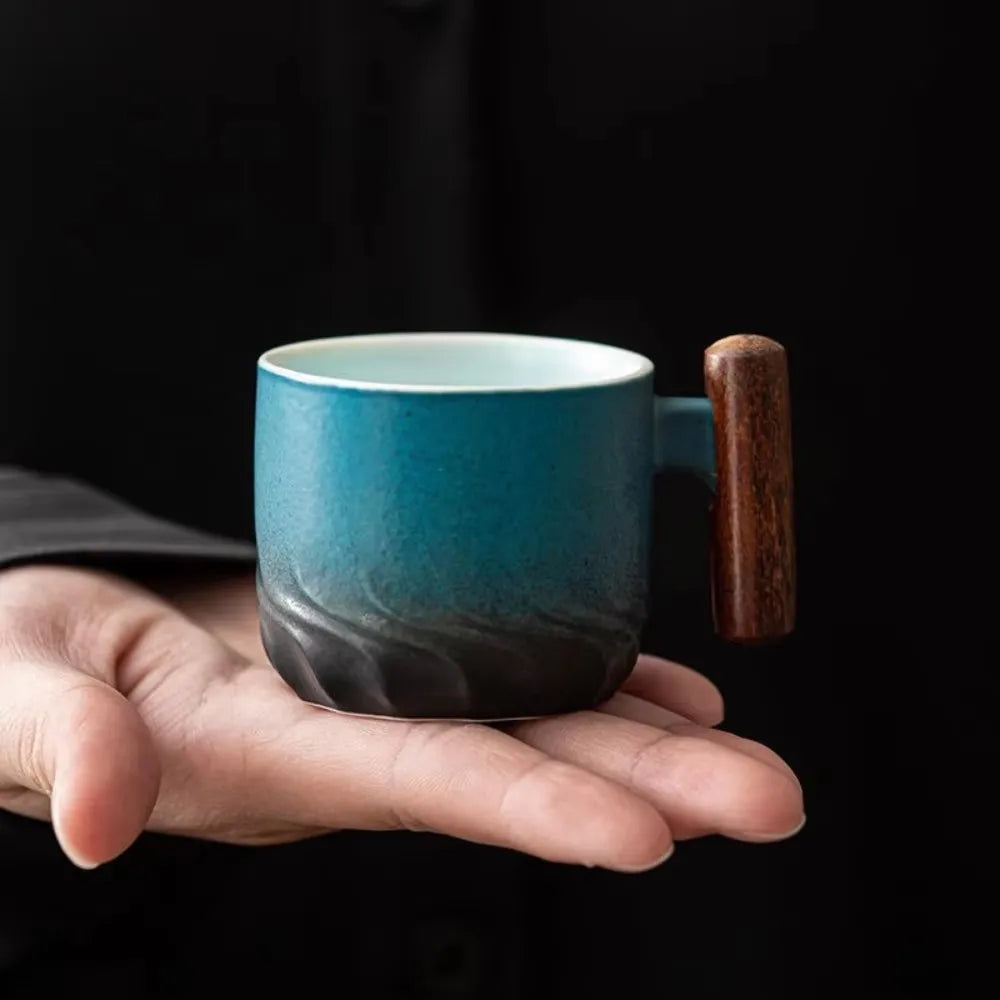 6pcs Set Ceramic Retro Espresso Coffee Cup With Wooden Handle Office Water Cup Tea Mug Ceramic Coffee Mug Handmade Tea Gift Box