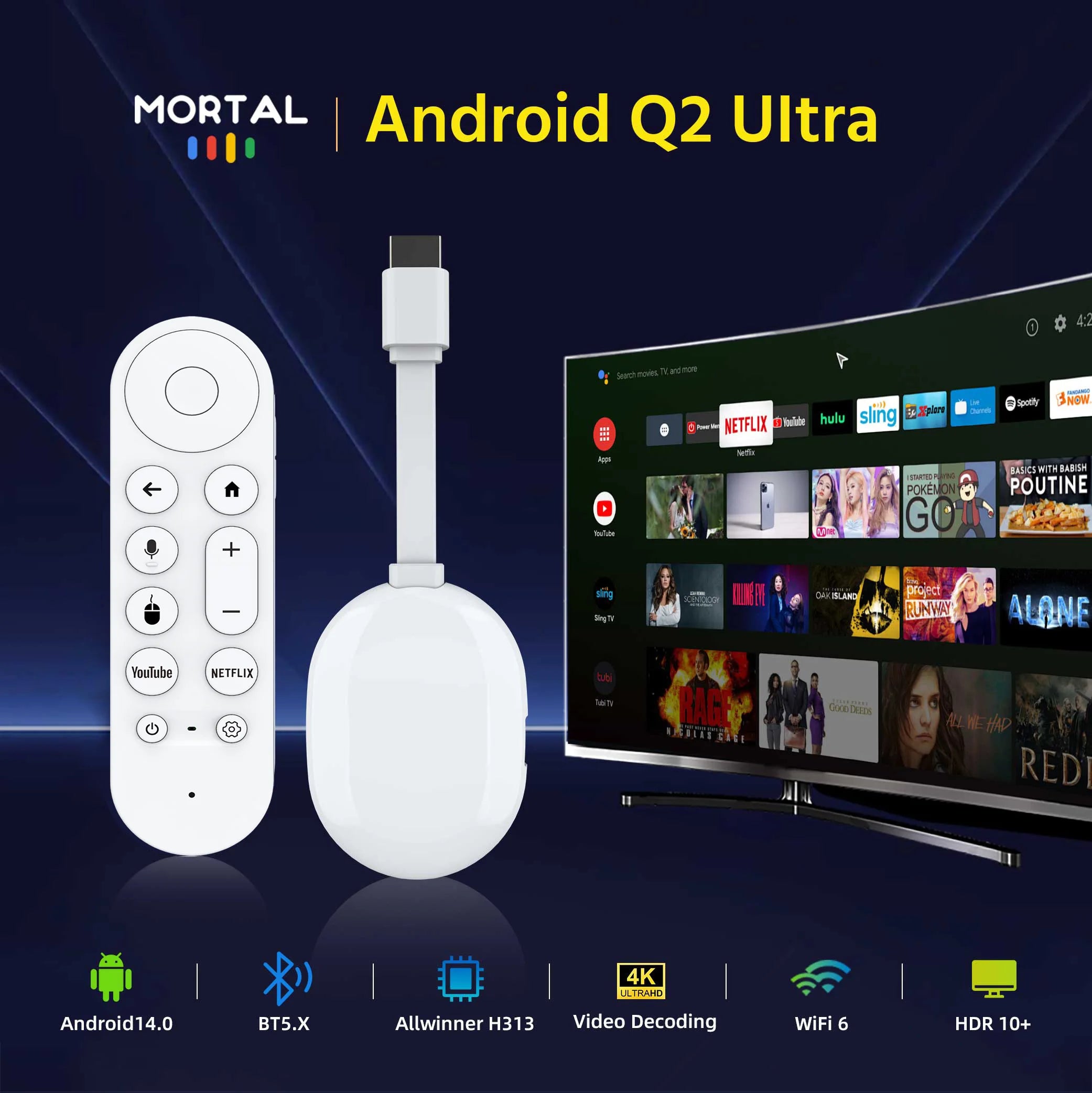 Android TV Stick Smart 4K Home theater Mortal Q2 ultra AllwinnerH313 Netflix YouTube Wifi6 Bluetooth Chromecast Voice Remote