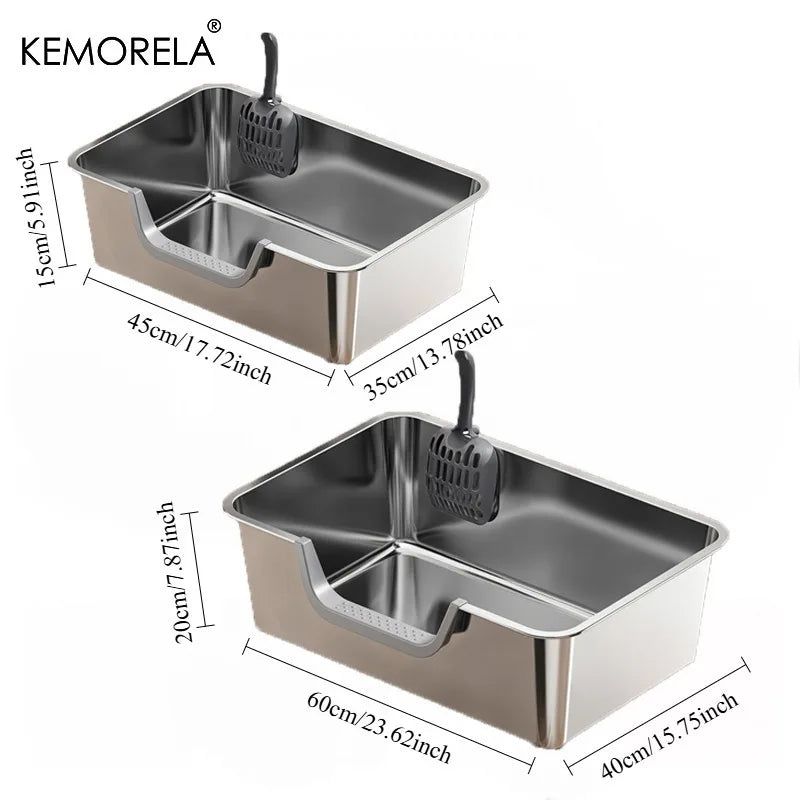 Extra Large Stainless Steel Litter Box, Non-Stick Odor-Free Metal Pan (Easy Clean, Hygienic Tray for Multiple Cats, Small Pets）