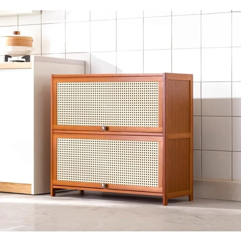 Kitchen Storage Cabinet with Handle, Mesh Door Microwave Oven Rack, Floor Standing Spice Organizer, Multi-Layer Tableware Shelf