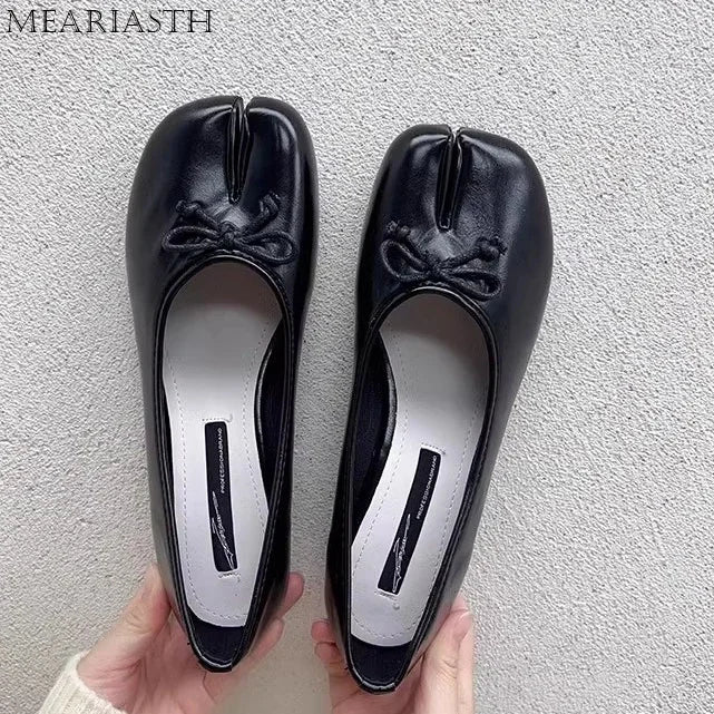 Tabi Shoes Ballet Falts Leather Ballerina Shoes For Women Split Toe Flats Tabi Shoes Slip On Soft Bottom Moccasins with Bowress