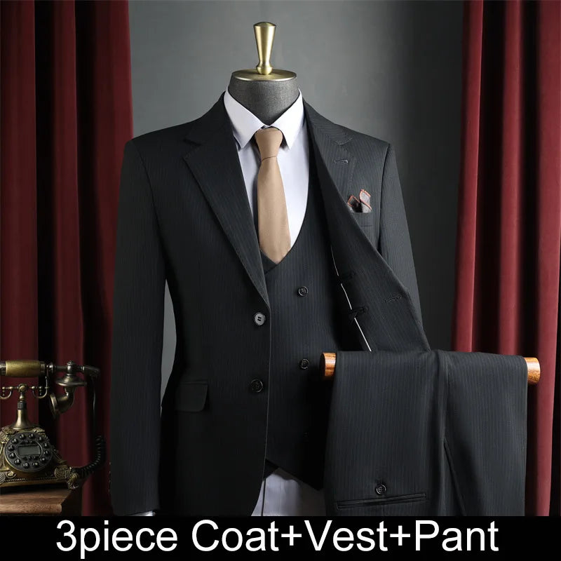 Man 3-piece Suit Outfit Single-breasted Long Sleeve Blazer Men V-neck Vest Straight-leg Pant Male Striped Business Casual Set